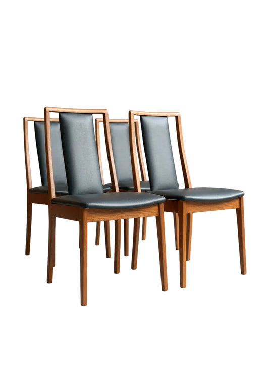 Fully restored Noblett T-back Boston mid-century modern dining chairs set of 4 in black vinyl with teak frame