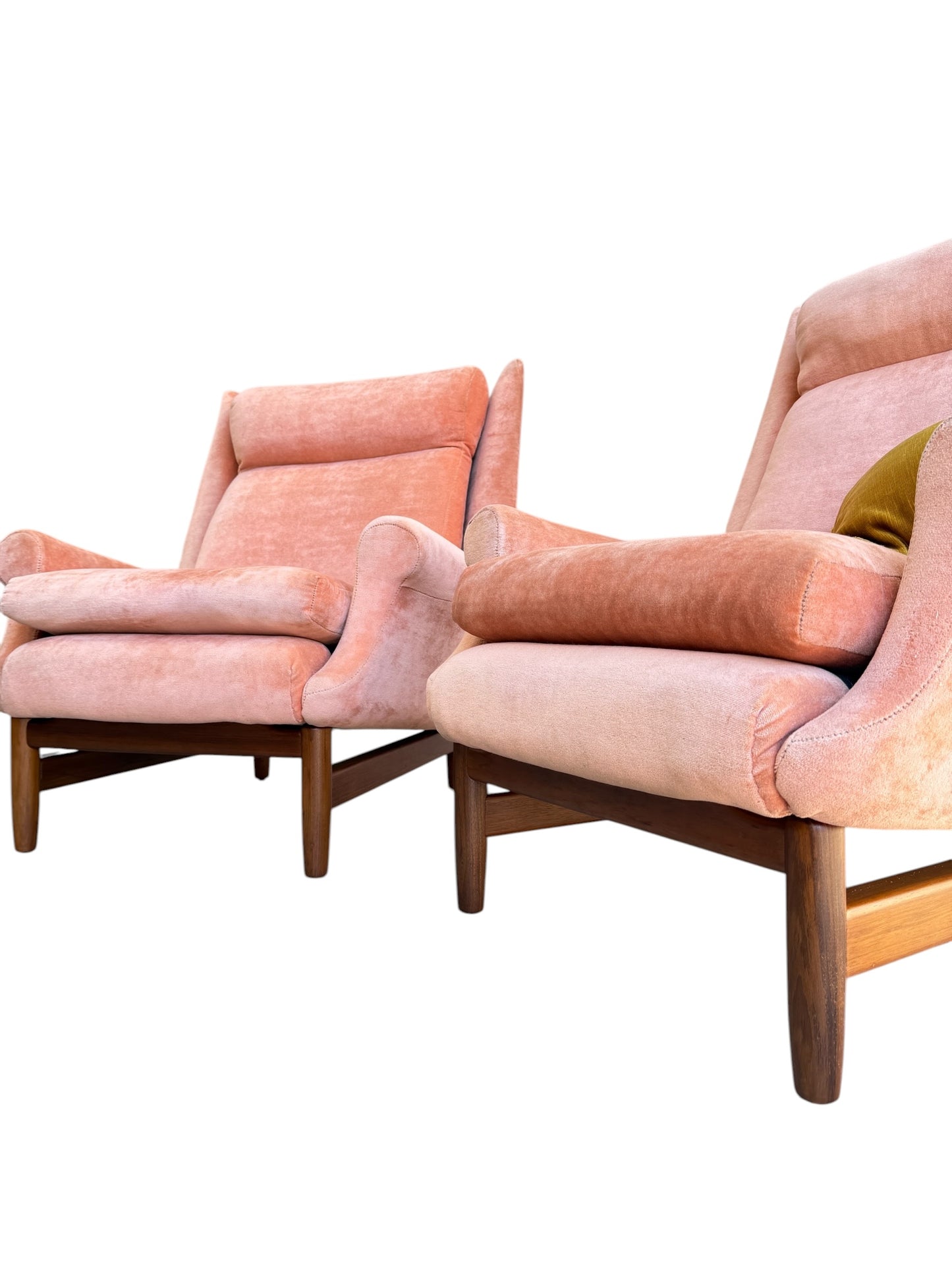 Two Mid-Century High-Back/Wingback Armchairs in dusty pink velvet with Blackwood frames are set against a white background—one is fully visible, the other partially shown in the foreground. Priced individually (Rediscover).
