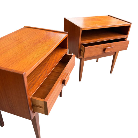 Pair of Parker Mid-Century Teak Bedside Tables with Blackwood Bases