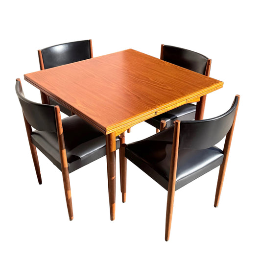 The Vintage Parker Dining Suite 5 Piece Square - Number 140 features a square table and four chairs with wooden frames, set on a light floor—reflecting Scandinavian-inspired Australian design.