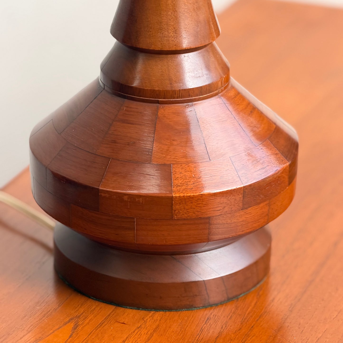 Mid Century Modern Parquetry Table Lamp – Sculptural Turned Wood Base Parkman Woodware