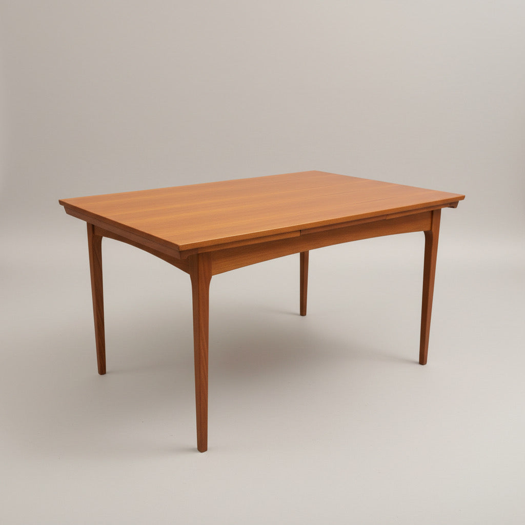 The Fler 64 Rectangular Extension Table (Refine) features a smooth, light brown finish and tapered legs, set against a plain light gray background—a refined tribute to vintage Australian design.