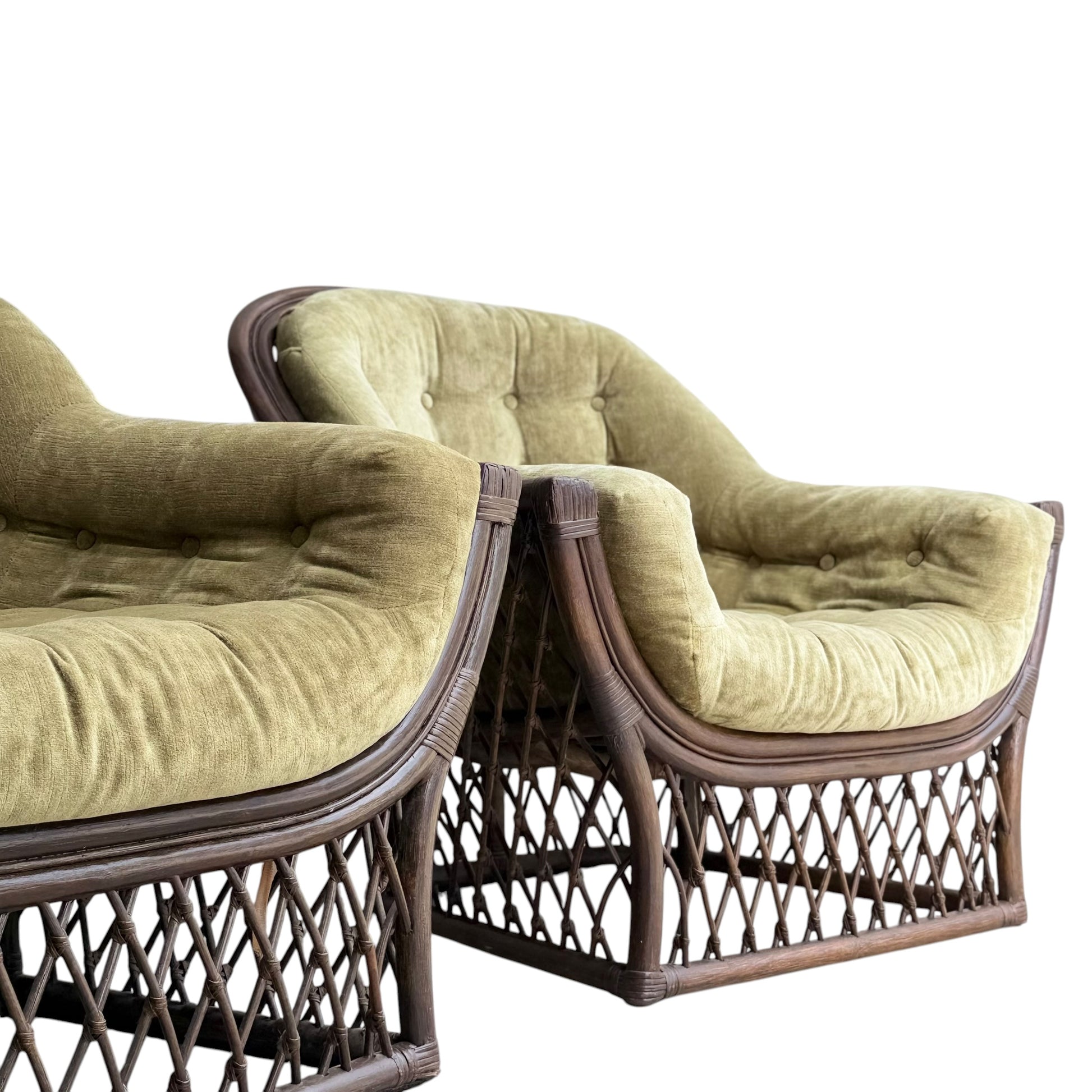 A pair of Vintage Adrian Pearsall Style 1970s Rattan Designer Barrel Chairs with olive green velvet cushions and dark woven lattice frames are shown against a white background.