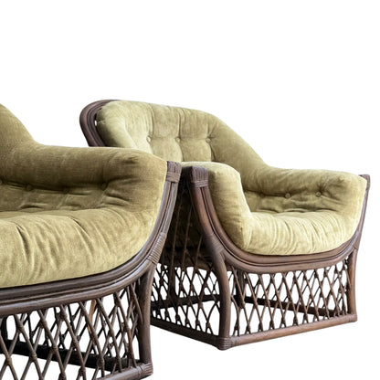 A pair of Vintage Adrian Pearsall Style 1970s Rattan Designer Barrel Chairs with olive green velvet cushions and dark woven lattice frames are shown against a white background.