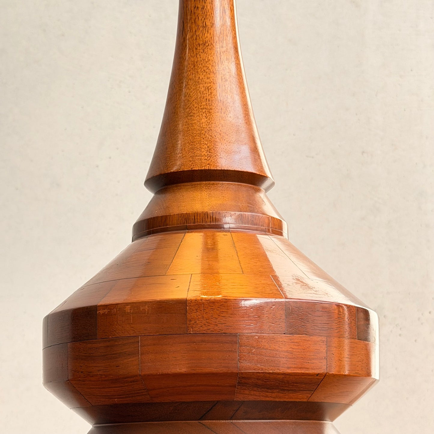 Mid Century Modern Parquetry Table Lamp – Sculptural Turned Wood Base Parkman Woodware