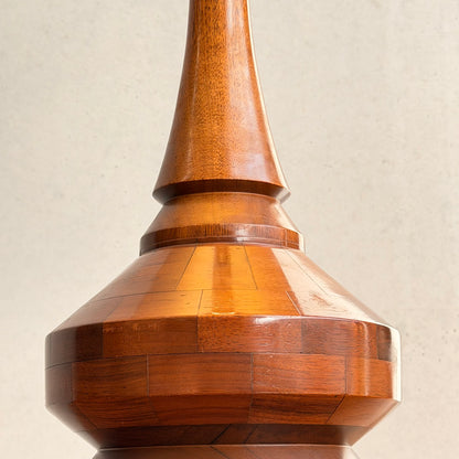 Mid Century Modern Parquetry Table Lamp – Sculptural Turned Wood Base Parkman Woodware