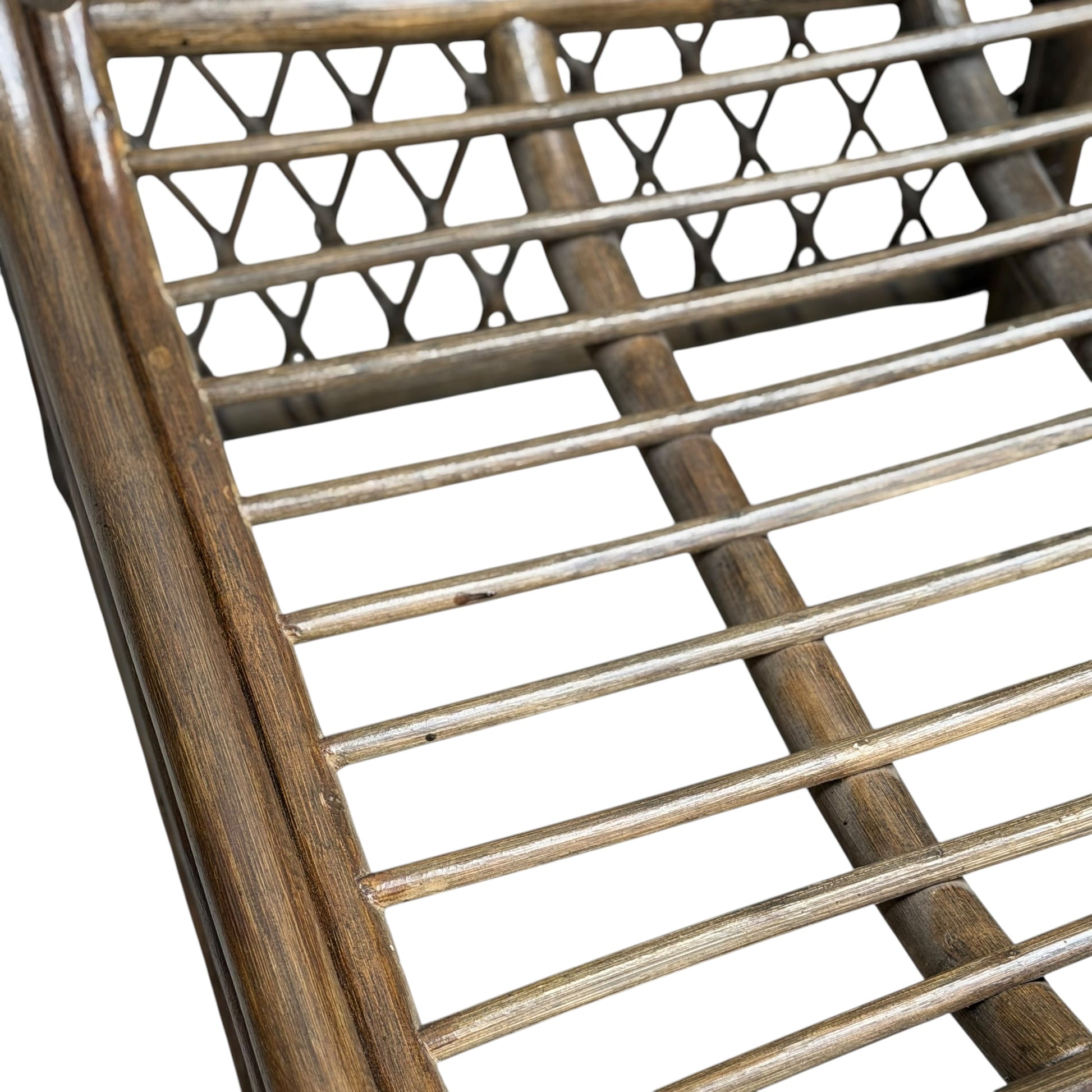 Close-up of a Vintage Adrian Pearsall Style 1970s Rattan Designer Barrel Chair seat and backrest, with horizontal slats, crisscross patterns, an olive green velvet cushion, and natural rattan finish on a plain white background.