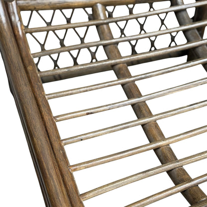 Close-up of a Vintage Adrian Pearsall Style 1970s Rattan Designer Barrel Chair seat and backrest, with horizontal slats, crisscross patterns, an olive green velvet cushion, and natural rattan finish on a plain white background.