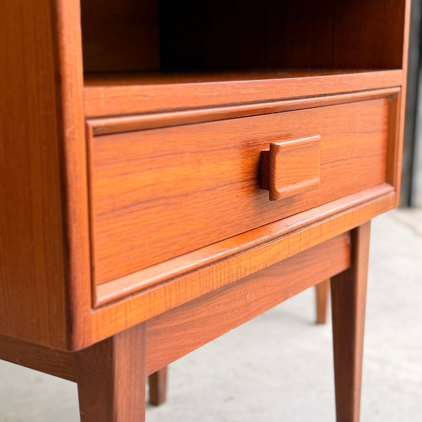 Pair of Parker Mid-Century Teak Bedside Tables with Blackwood Bases
