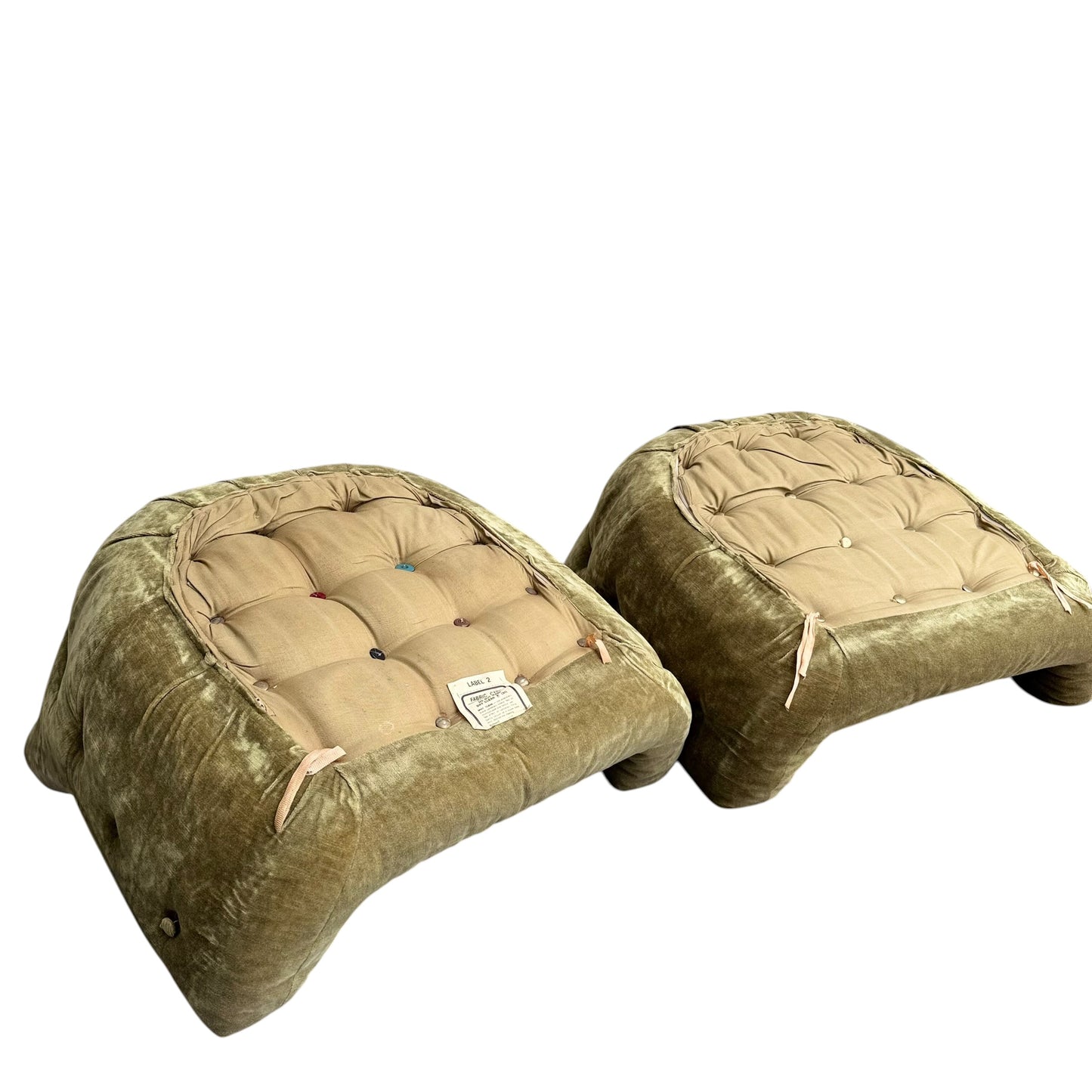 A pair of vintage Adrian Pearsall style 1970s rattan barrel chairs in olive green velvet, with tufted beige cushions and colorful buttons, featuring rounded, low profiles for a cozy, inviting look.
