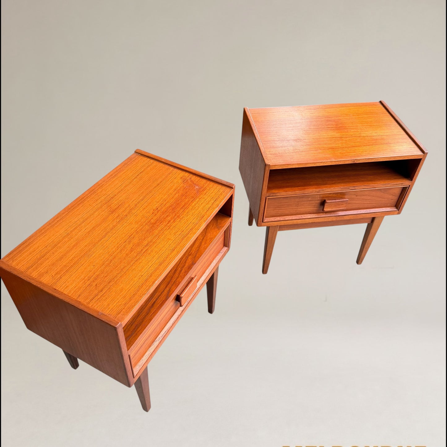 Pair of Parker Mid-Century Teak Bedside Tables with Blackwood Bases