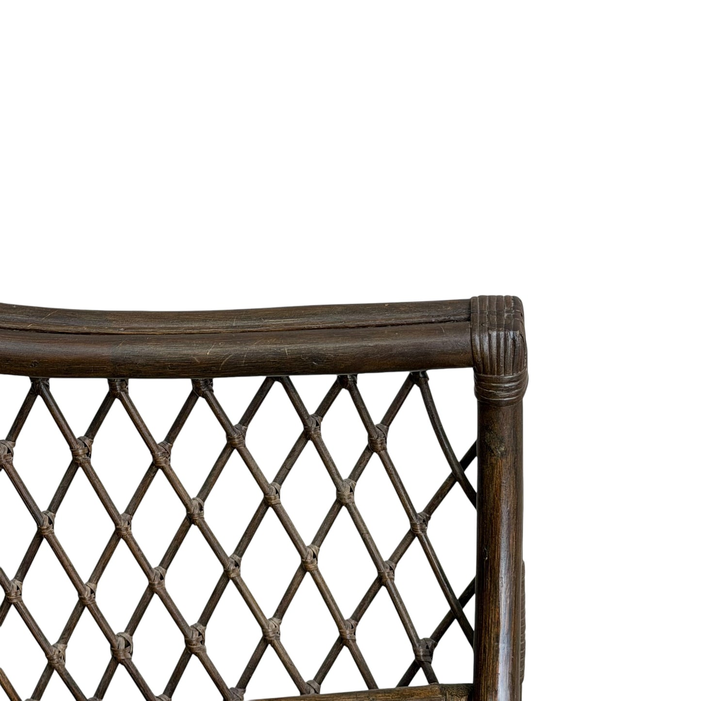 Close-up of the upper corner of a Vintage Adrian Pearsall Style 1970s Rattan Designer Barrel Chair with olive green velvet and a diamond-patterned lattice backrest, set against a plain white background.