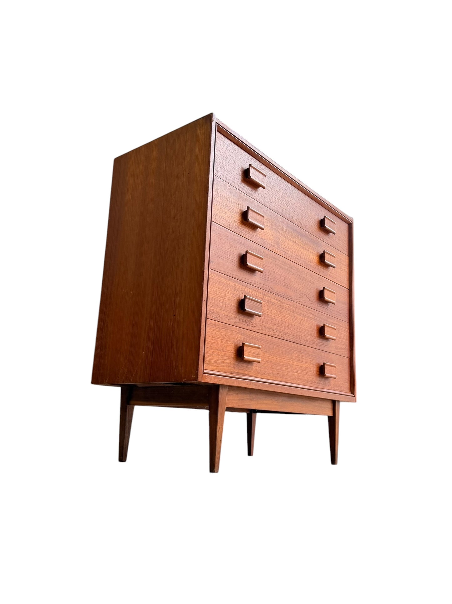Parker Mid-Century Teak 5-Drawer Tallboy with Blackwood Base