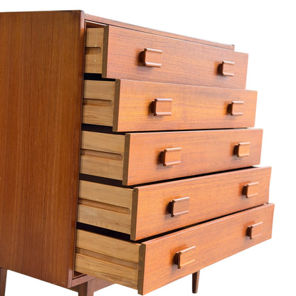 Parker Mid-Century Teak 5-Drawer Tallboy with Blackwood Base