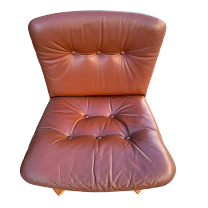 A rare set of 4 vintage Joe Rufenacht lounge chairs with tufted brown Howe leather upholstery and four-button details on each section, photographed from above against a white background.