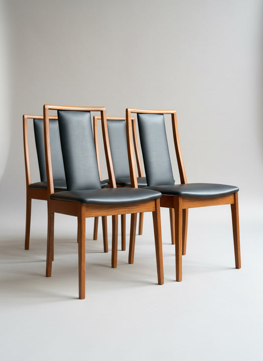 Fully restored Noblett T-back Boston mid-century modern dining chairs set of 4 in black vinyl with teak frame