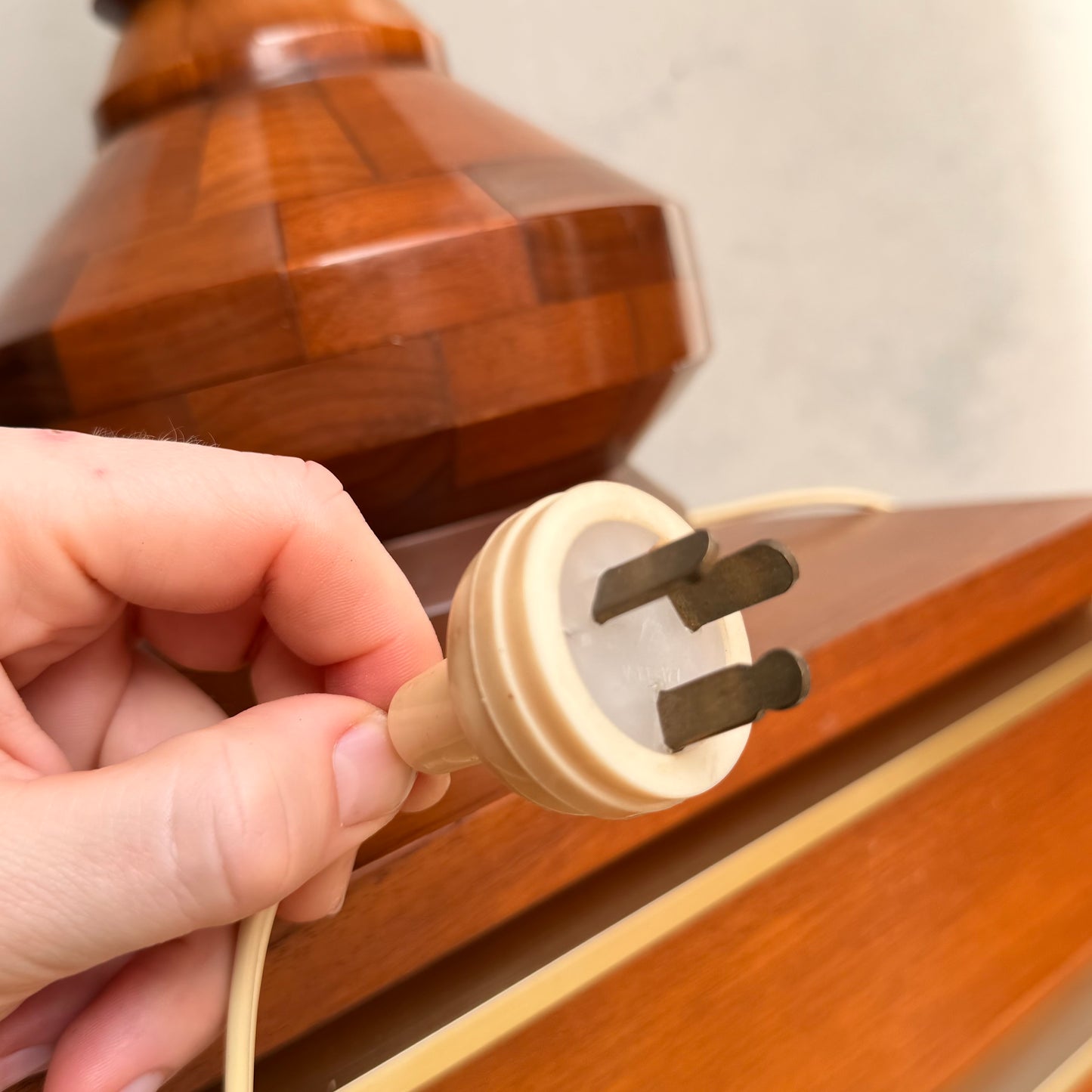 Mid Century Modern Parquetry Table Lamp – Sculptural Turned Wood Base Parkman Woodware