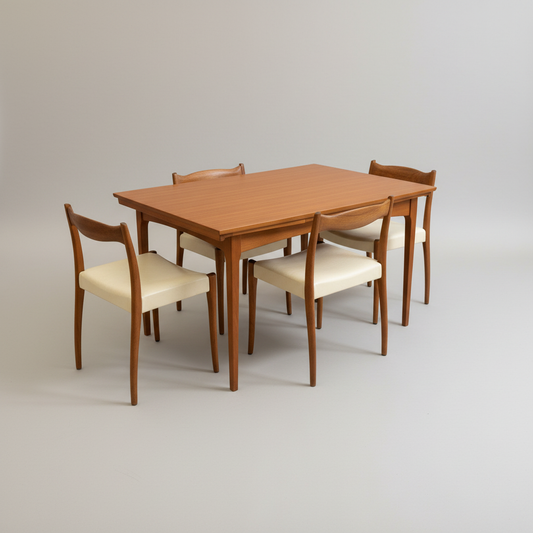 The Fler 64 Rectangular Extension Table (Refine) is a mid-century modern dining table with four matching chairs featuring light-colored padded seats, inspired by vintage Australian design and shown against a plain light background.