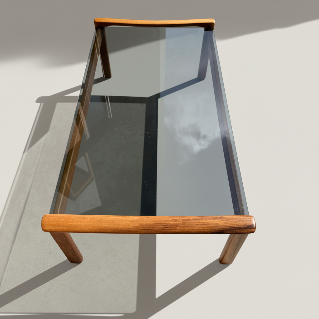 The Tessa TC 21 Coffee Table Frame Restored - (Revive) features a modern minimalist design with a glass top that reflects the sky and clouds, while its restored wooden frame casts crisp shadows on a light-colored surface.
