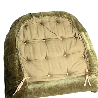 The Vintage Adrian Pearsall Style 1970s Rattan Designer Barrel Chair features olive green velvet and rattan accents—ideal for adding a retro touch or pairing with plush, tufted floor cushions in your space.