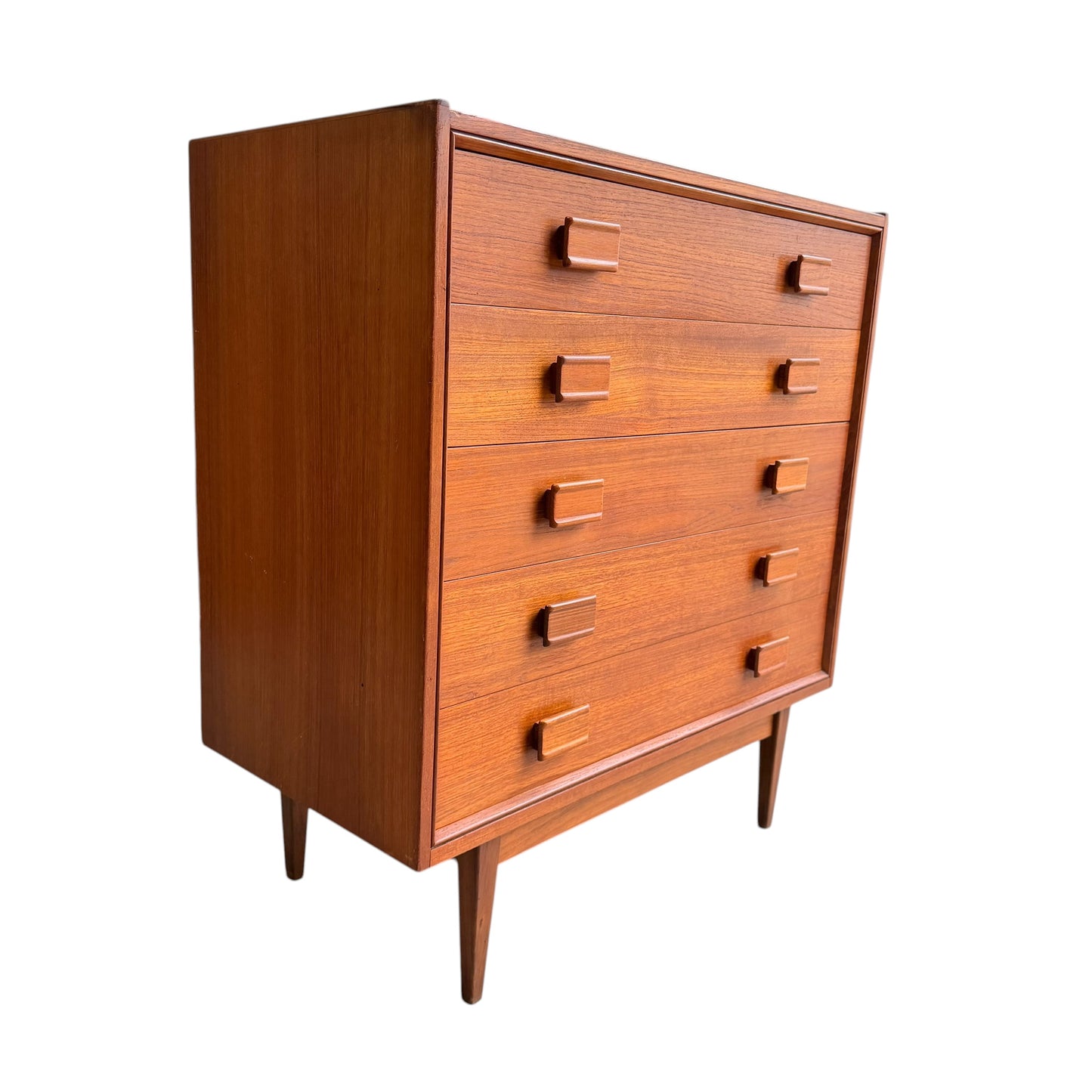 Parker Mid-Century Teak 5-Drawer Tallboy with Blackwood Base