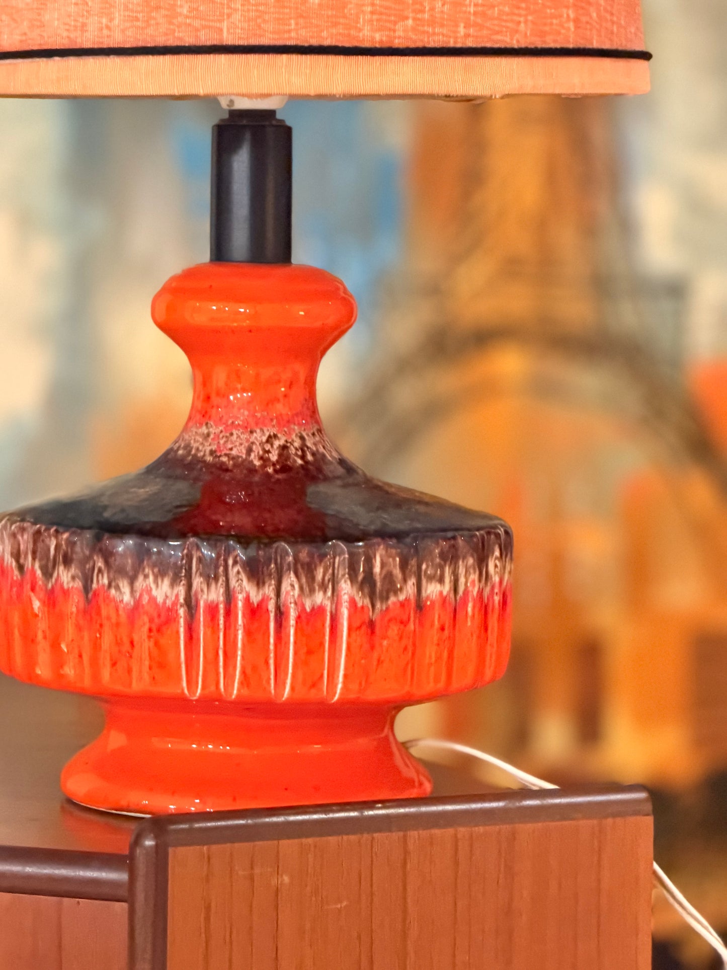 Mid-Century Fat Lava Ceramic Table Lamp – Vibrant Orange & Brown 1960s/1970s Vintage