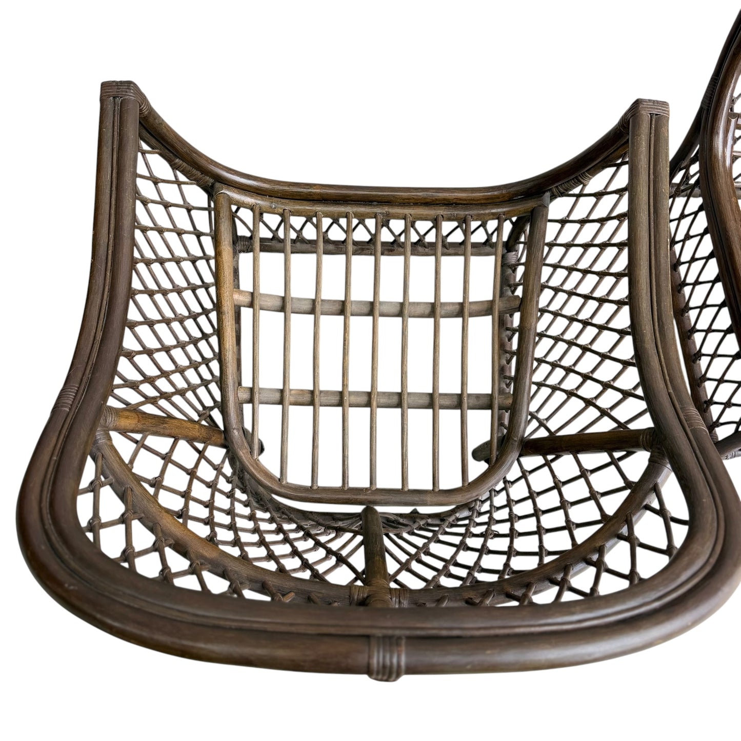 Close-up view of a Vintage Adrian Pearsall Style 1970s Rattan Designer Barrel Chair with olive green velvet, mesh lattice design, and curved edges, photographed against a white background.