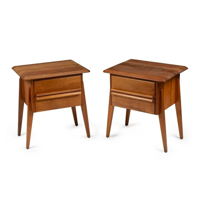 A pair of Myer Heritage Pasadena bedside tables, 1950s, crafted from solid Tasmanian Myrtle—COMING SOON—showcasing timeless mid-century Australian design with a minimalist style and warm brown finish.