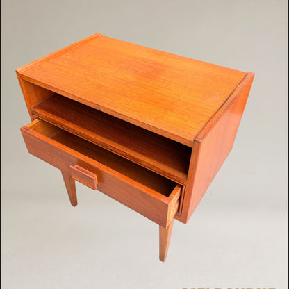 Pair of Parker Mid-Century Teak Bedside Tables with Blackwood Bases