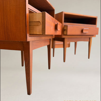 Pair of Parker Mid-Century Teak Bedside Tables with Blackwood Bases
