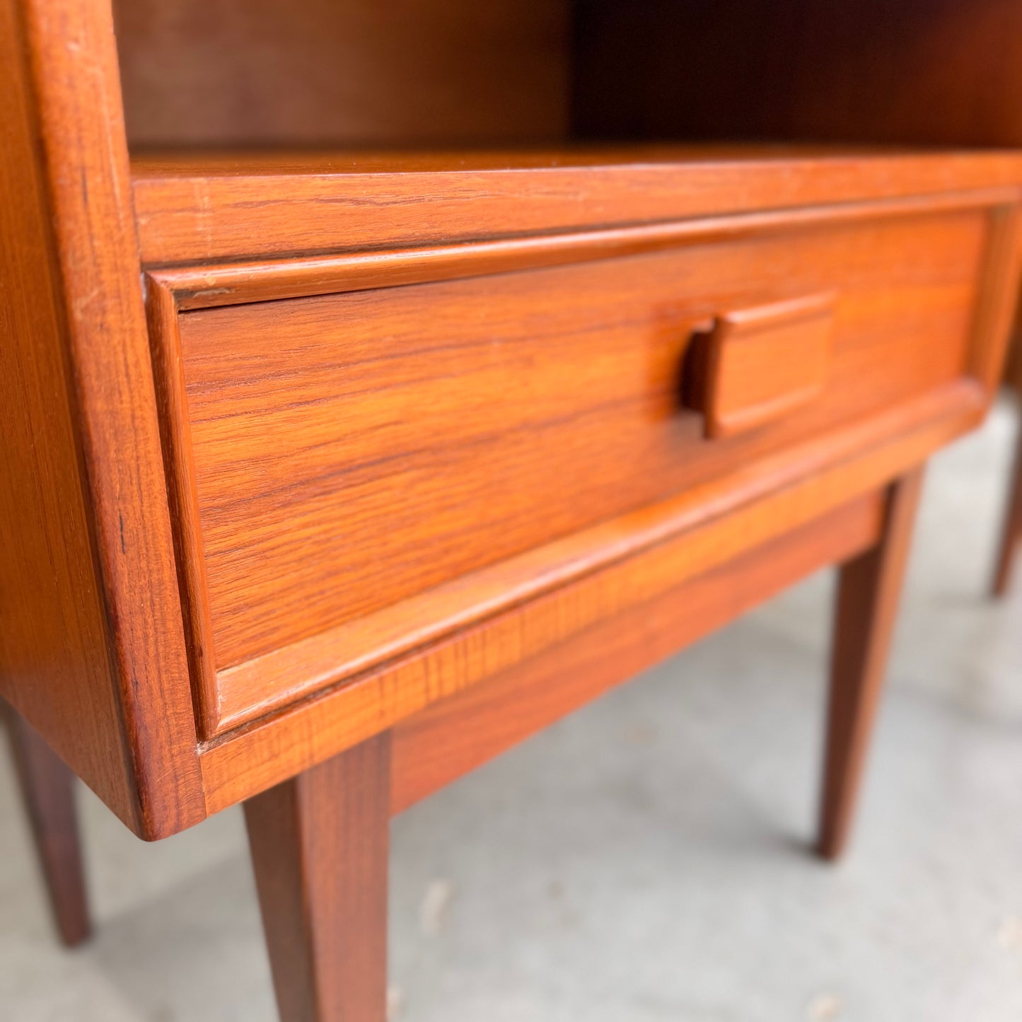 Pair of Parker Mid-Century Teak Bedside Tables with Blackwood Bases