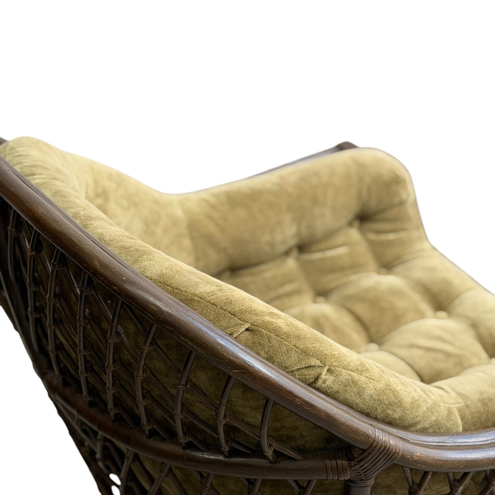 Close-up of a Vintage Adrian Pearsall Style 1970s Rattan Designer Barrel Chair with a curved dark brown frame and thick, tufted olive green velvet cushion, set against a plain white background.