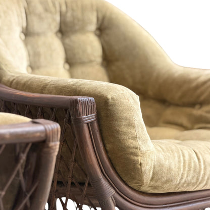 Close-up of a Vintage Adrian Pearsall Style 1970s Rattan Designer Barrel Chair in olive green velvet, featuring button-tufted upholstery and armrest details, shown against a white background.