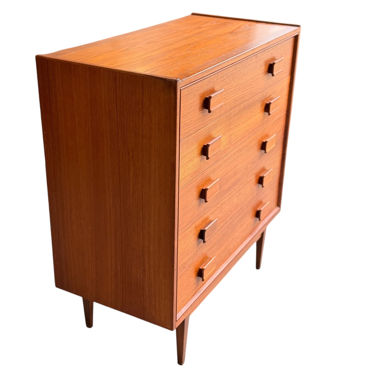 Parker Mid-Century Teak 5-Drawer Tallboy with Blackwood Base