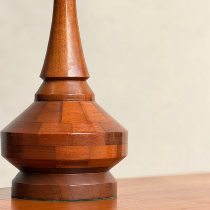 Mid Century Modern Parquetry Table Lamp – Sculptural Turned Wood Base Parkman Woodware