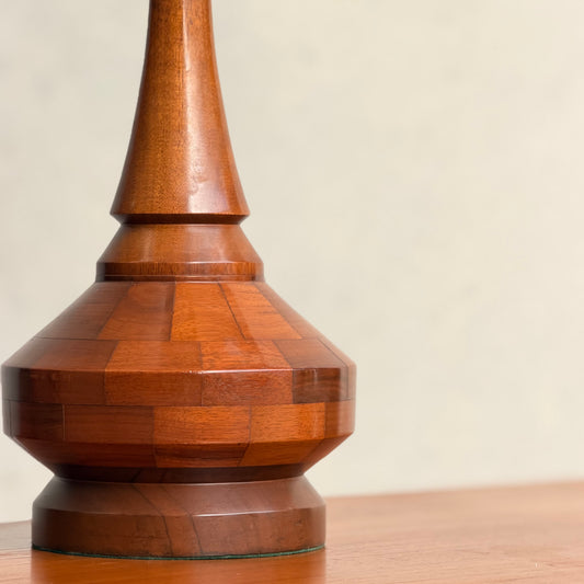 Mid Century Modern Parquetry Table Lamp – Sculptural Turned Wood Base Parkman Woodware