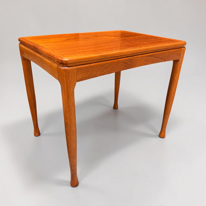A rare set of Alpa Teak Nesting Tables (set of 3), showcasing Australian mid-century modern style, are pictured with polished surfaces and sleek lines against a plain light gray background.