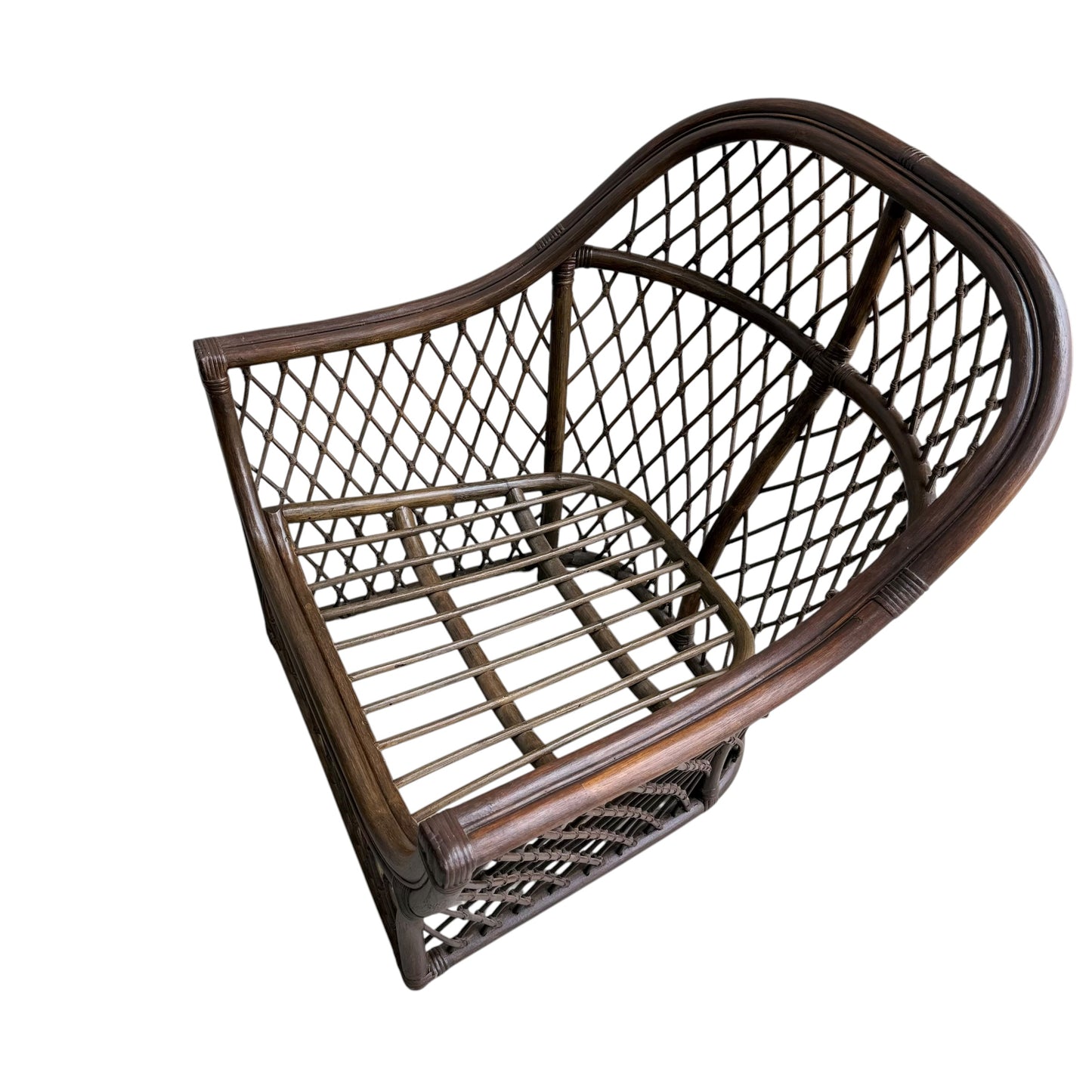 The Vintage Adrian Pearsall Style 1970s Rattan Designer Barrel Chair features olive green velvet, a curved back and sides, and an open lattice design, evoking classic rattan armchair style against a white background.