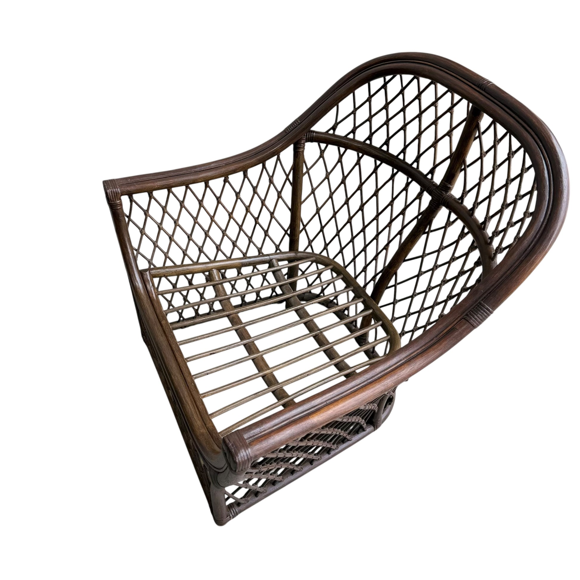 The Vintage Adrian Pearsall Style 1970s Rattan Designer Barrel Chair features olive green velvet, a curved back and sides, and an open lattice design, evoking classic rattan armchair style against a white background.