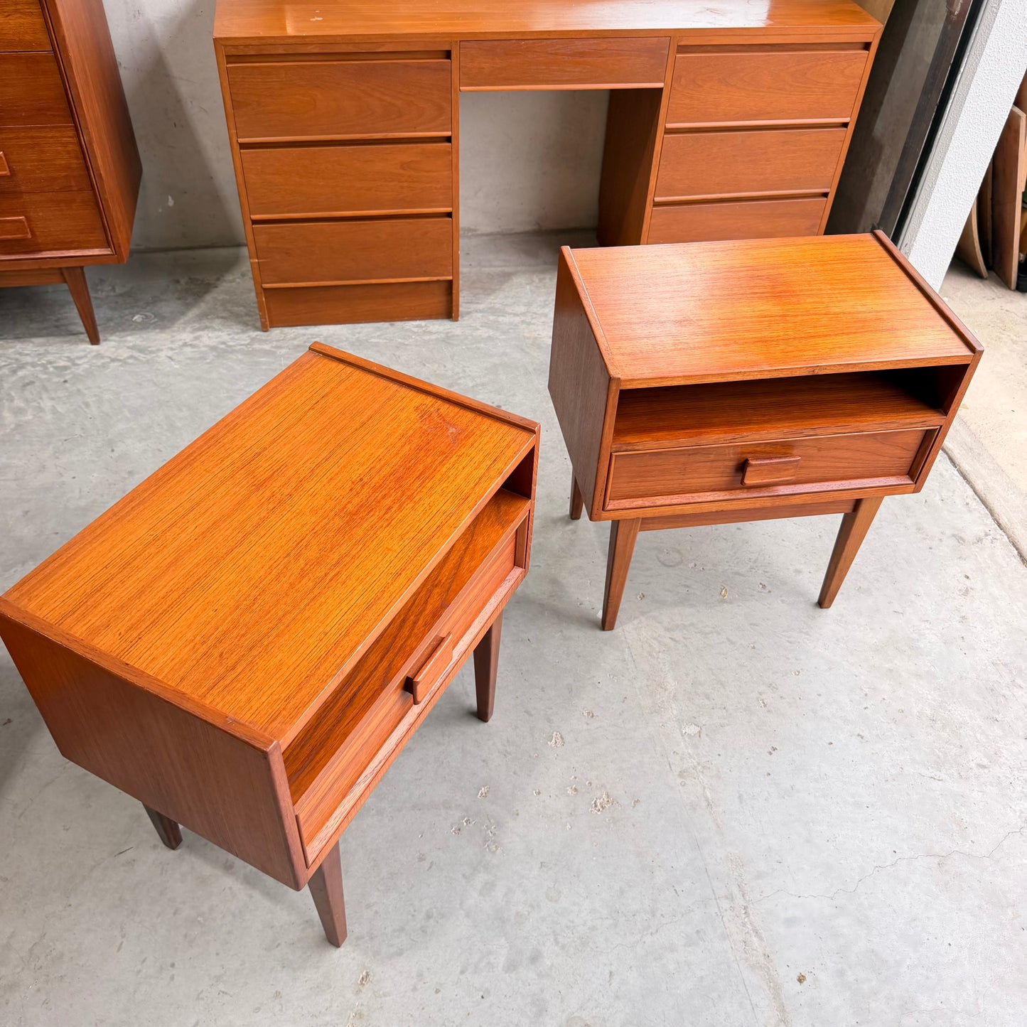 Pair of Parker Mid-Century Teak Bedside Tables with Blackwood Bases