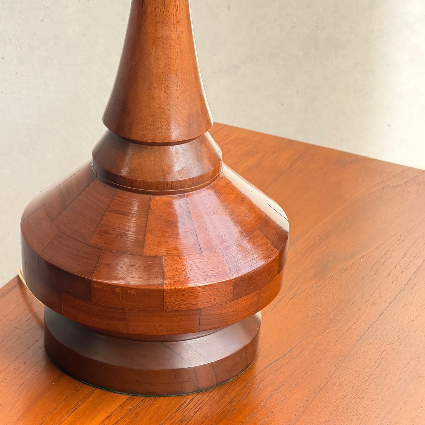Mid Century Modern Parquetry Table Lamp – Sculptural Turned Wood Base Parkman Woodware