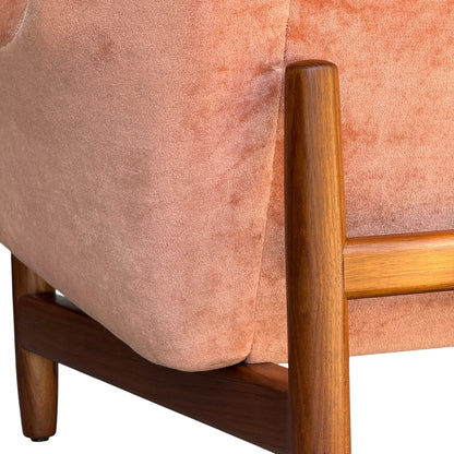 Close-up of a Mid-Century High-Back Wingback Armchair in dusty pink velvet with smooth Blackwood frame, highlighting the elegant finish and texture—Mid-Century High-Back / Wingback Armchairs, priced individually (Rediscover).