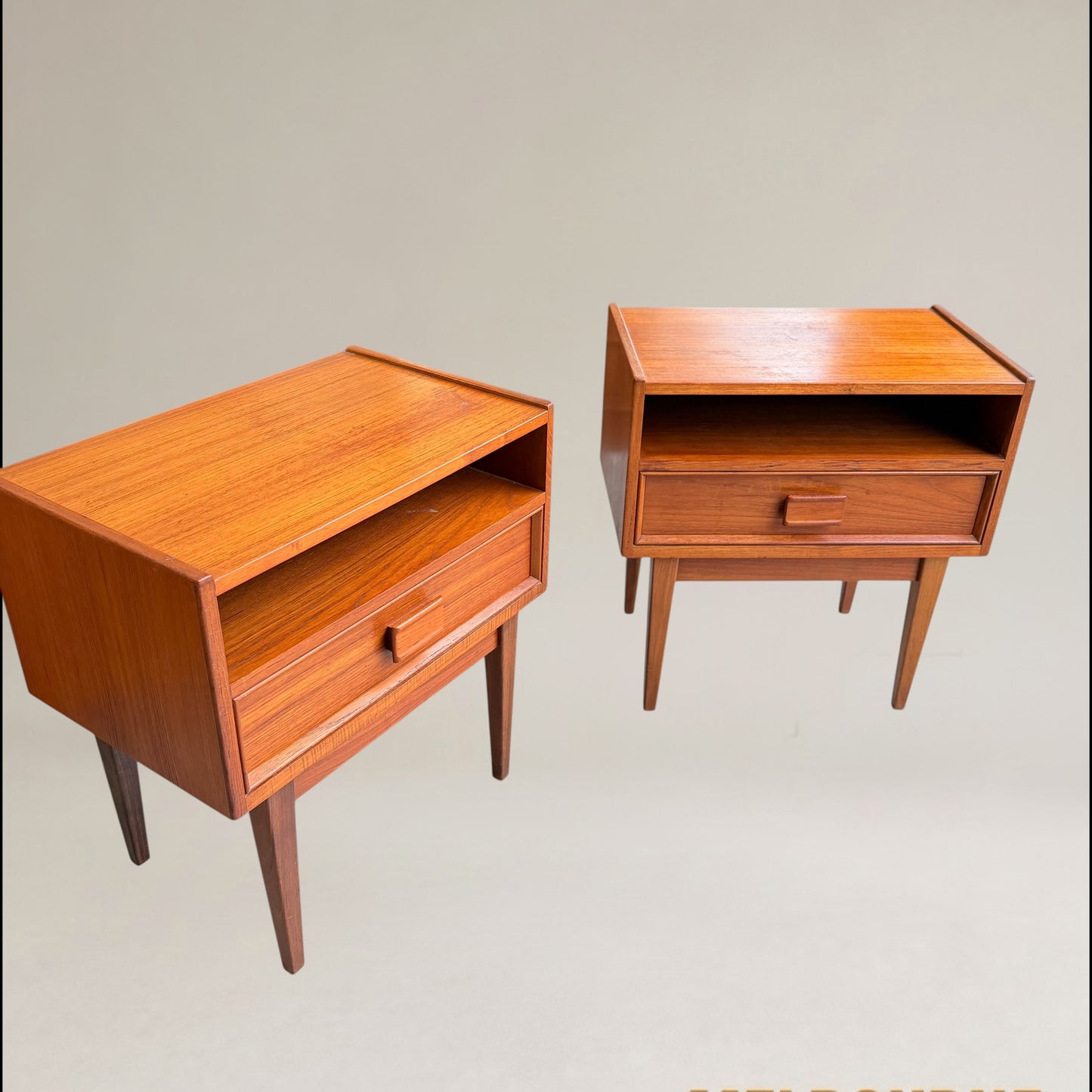 Pair of Parker Mid-Century Teak Bedside Tables with Blackwood Bases