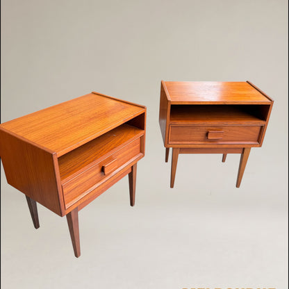 Pair of Parker Mid-Century Teak Bedside Tables with Blackwood Bases