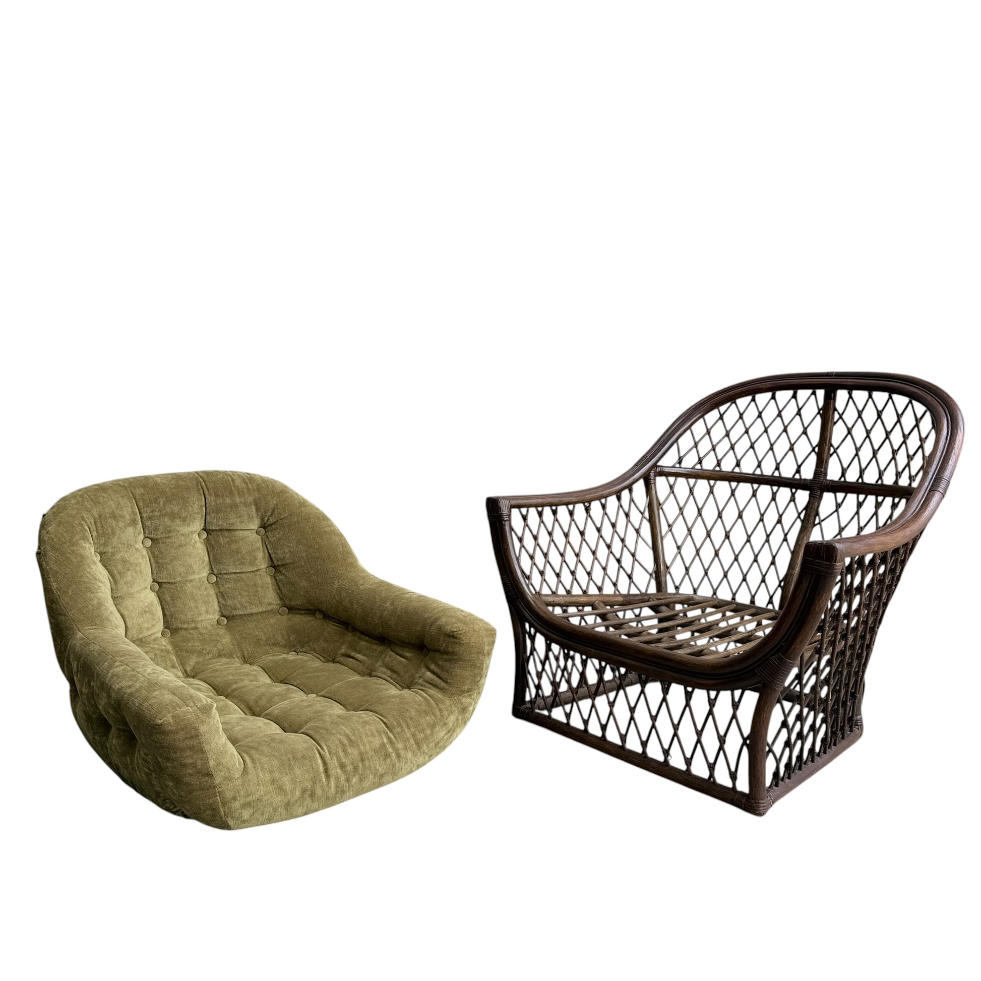 An olive green velvet Adrian Pearsall style 1970s rattan barrel chair sits beside a vintage curved-frame rattan armchair, both set against a white background.