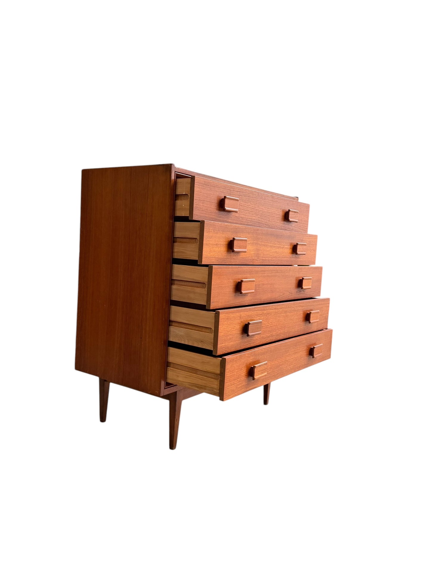 Parker Mid-Century Teak 5-Drawer Tallboy with Blackwood Base