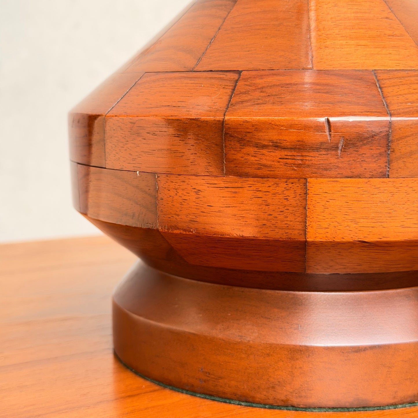 Mid Century Modern Parquetry Table Lamp – Sculptural Turned Wood Base Parkman Woodware