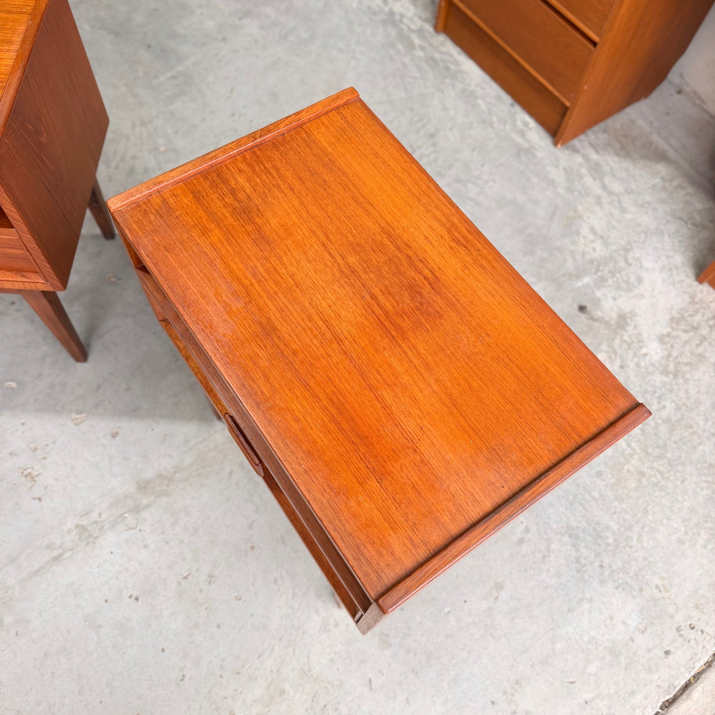Pair of Parker Mid-Century Teak Bedside Tables with Blackwood Bases
