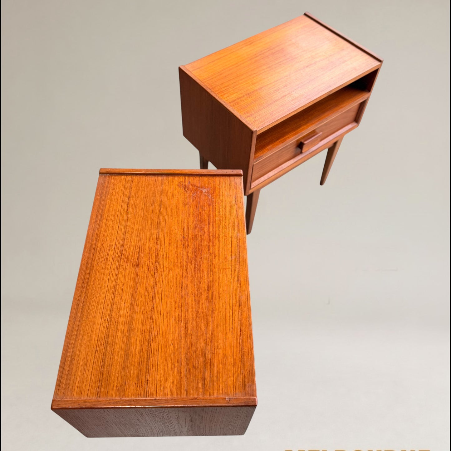 Pair of Parker Mid-Century Teak Bedside Tables with Blackwood Bases