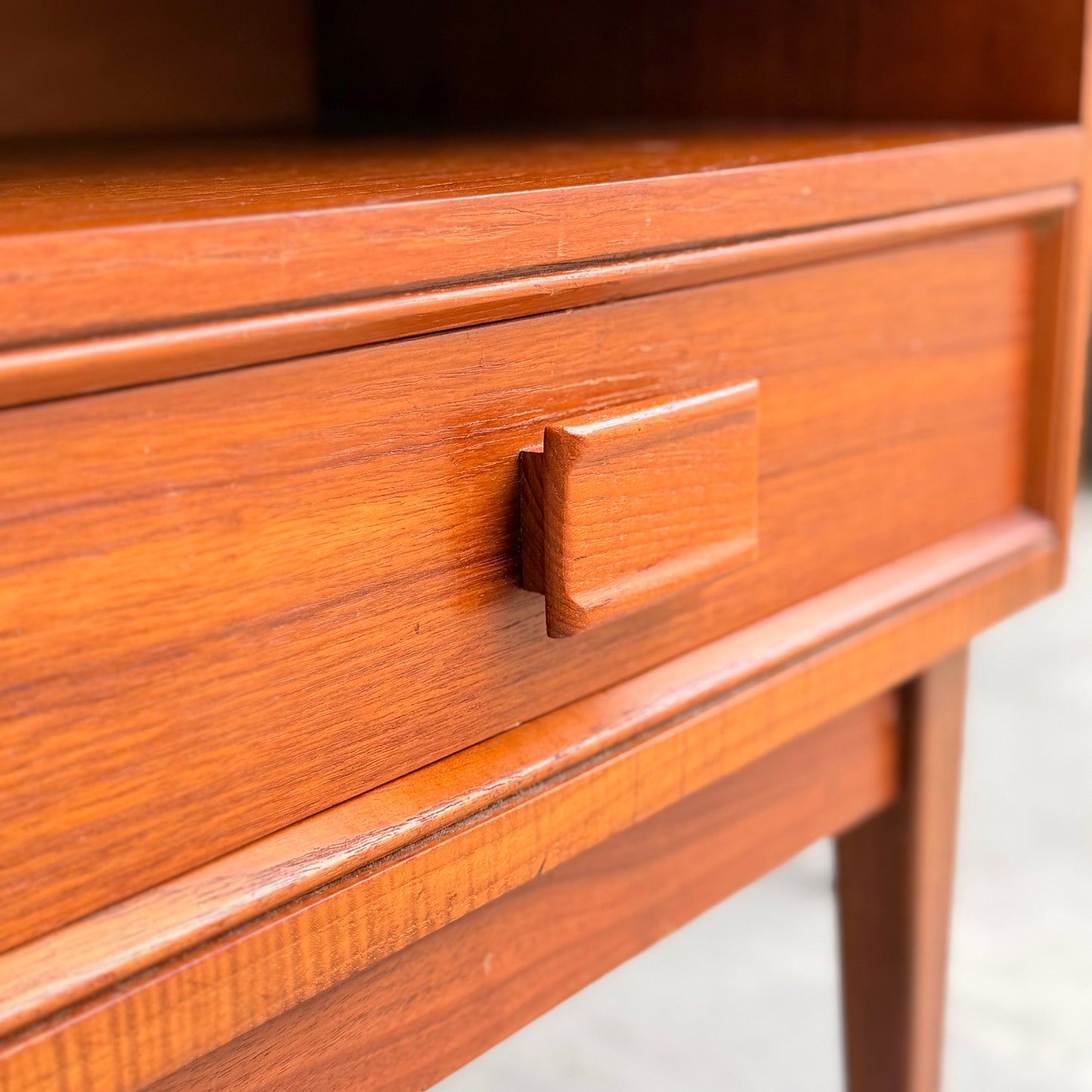 Pair of Parker Mid-Century Teak Bedside Tables with Blackwood Bases